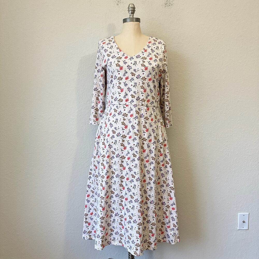 PACT Midi Dress Beige Floral Organic Cotton 3/4 Sleeve Fit & Flare Boho